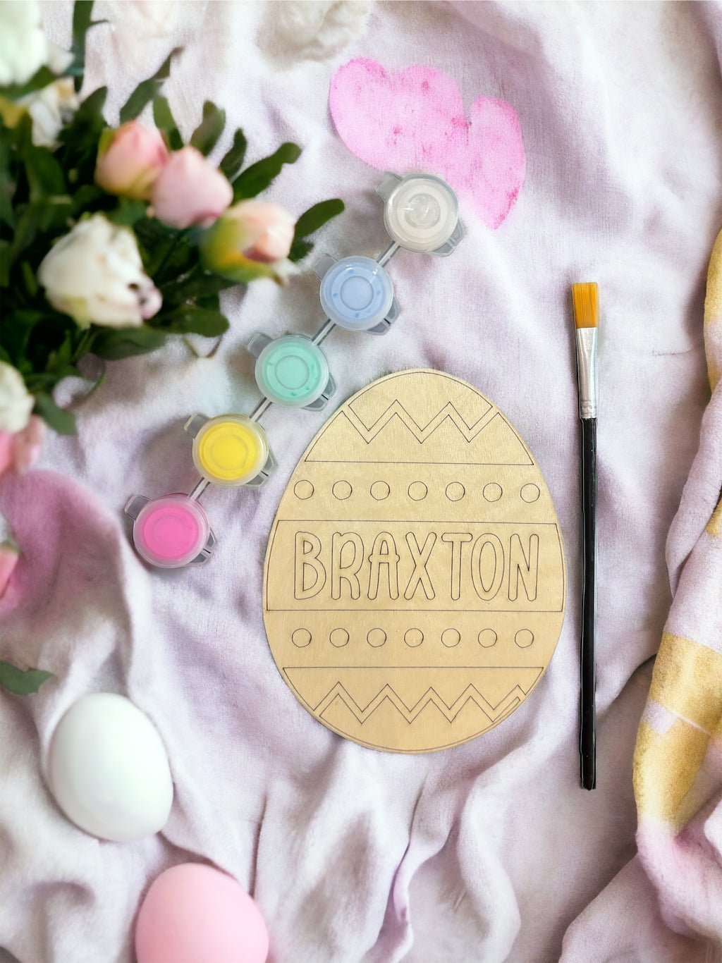 Wooden Easter egg ornament with BRAXTON lettering, paint pots and paintbrush included