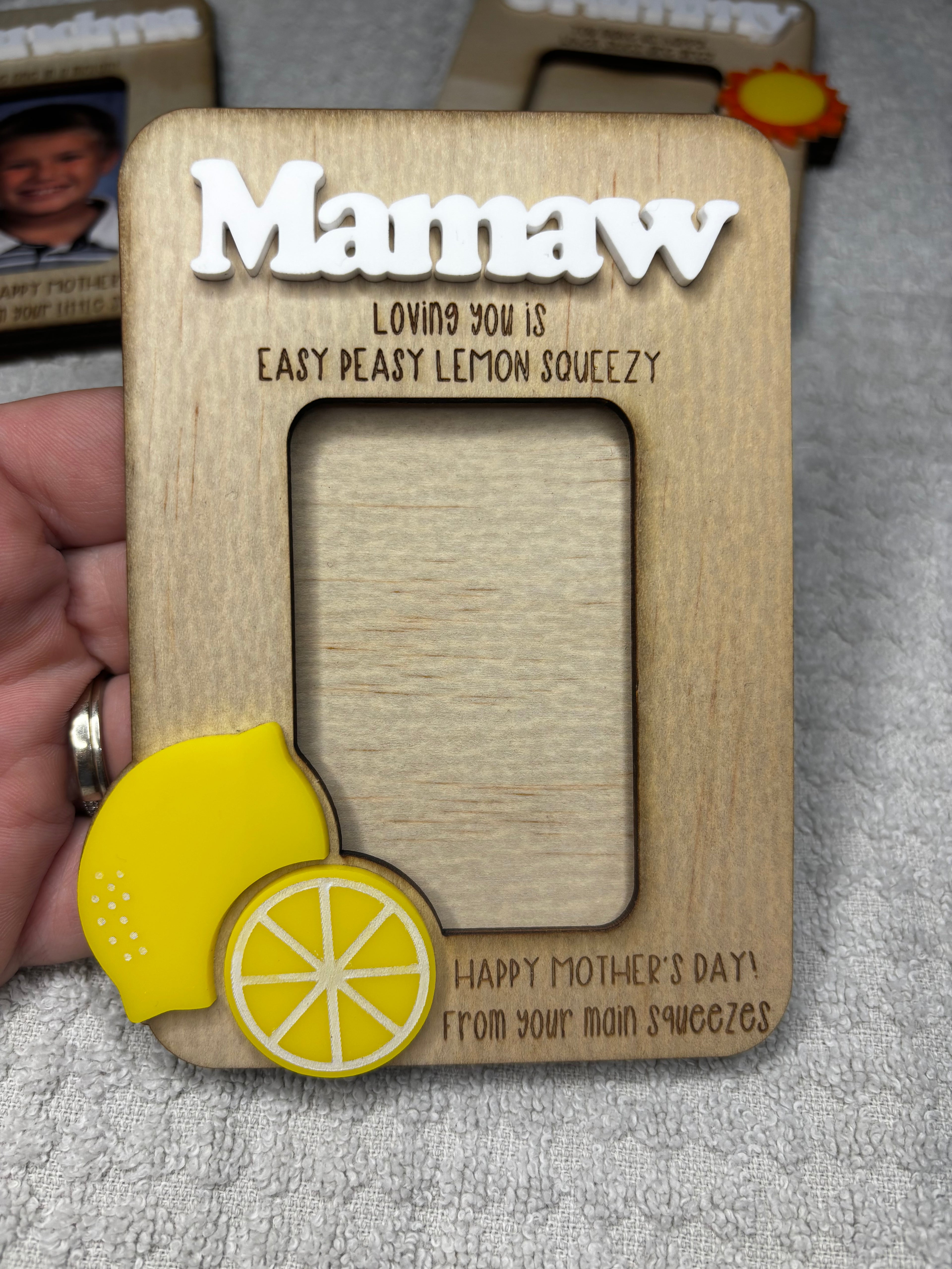 Mother’s Day refrigerator magnet with Mamaw photo frame, lemon slice and sun accents