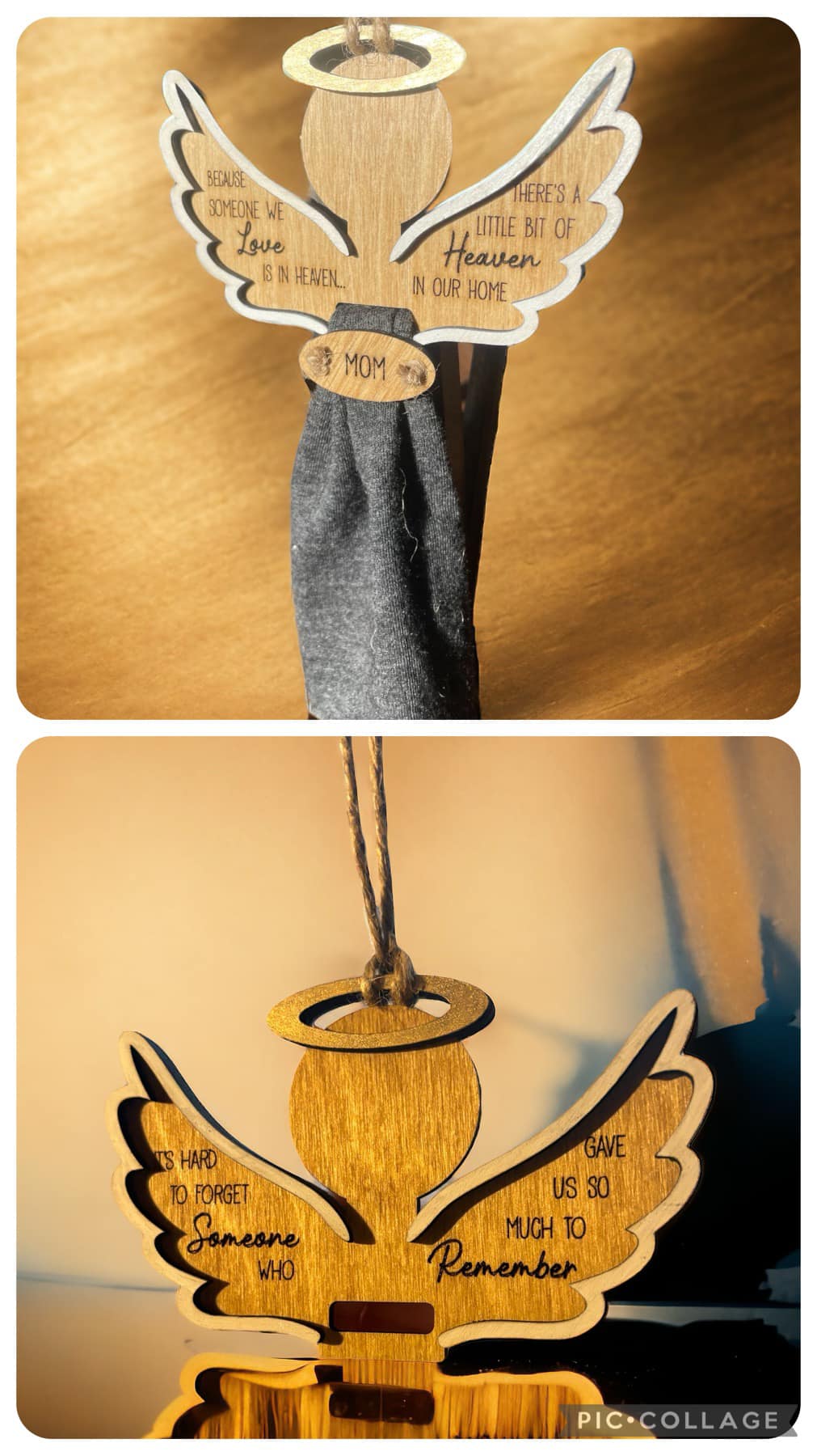 Hanging angel ornament with wooden wings, round halo, and dark fabric skirt