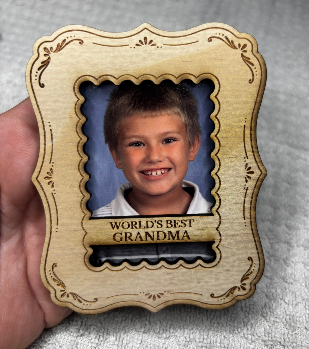 Mother’s Day refrigerator magnet with Grandma portrait photo and ornate scalloped border