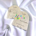 Heart-shaped card sign set with dandelion wishes and colorful flower names