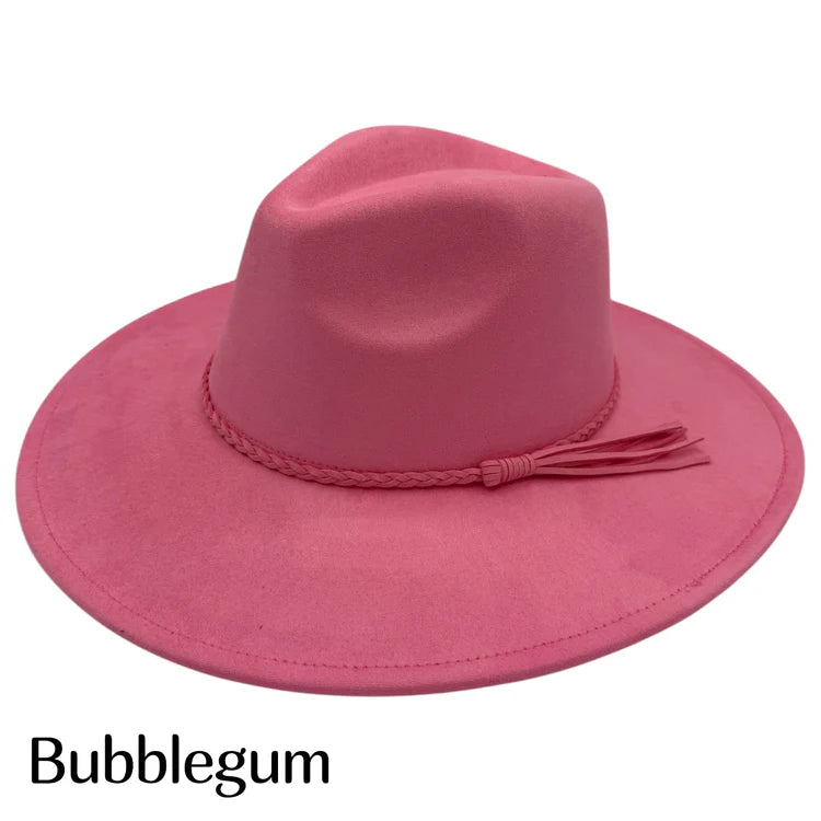 Bubblegum suede fedora hat with braided band and magenta tassel fringe