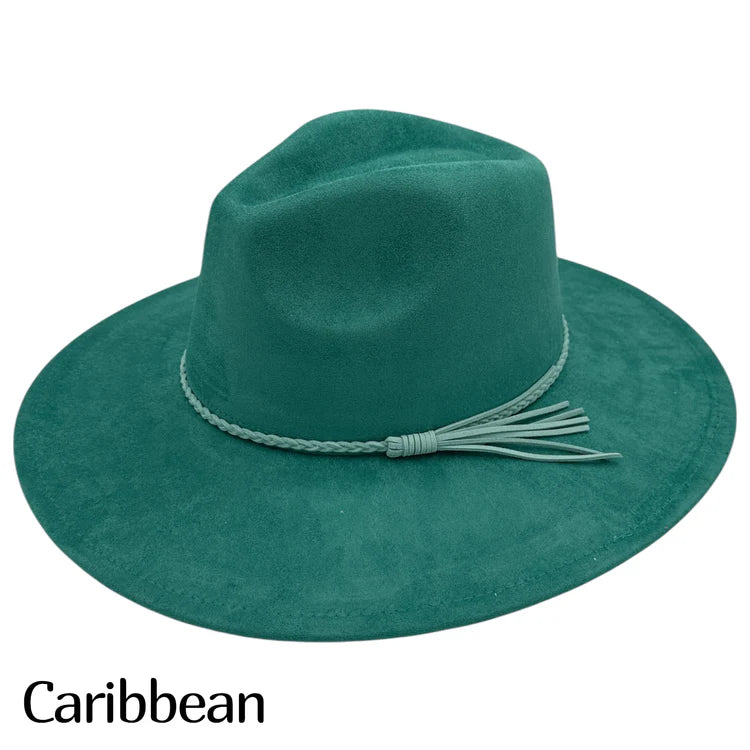 Caribbean suede fedora hat with braided band and light blue tassel fringe