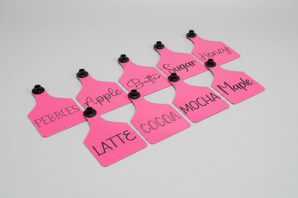 Large engraved cattle tags, pink, handwritten names Apple, Butter, Sugar, Cocoa, Mocha