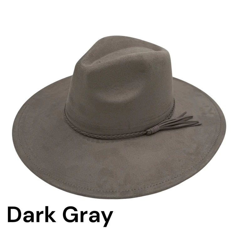 Dark Gray suede fedora hat with braided band and dark tassel fringe