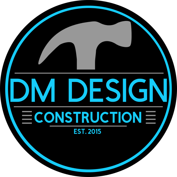 Logo of DM Design Construction with a hammer symbol on a black background