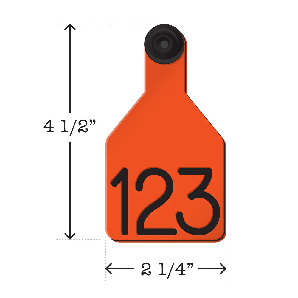 Orange cattle tag with black engraved number 123, medium size