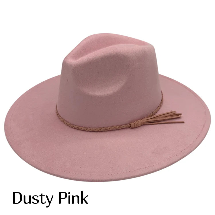 Dusty Pink suede fedora hat with braided band and tan tassel fringe