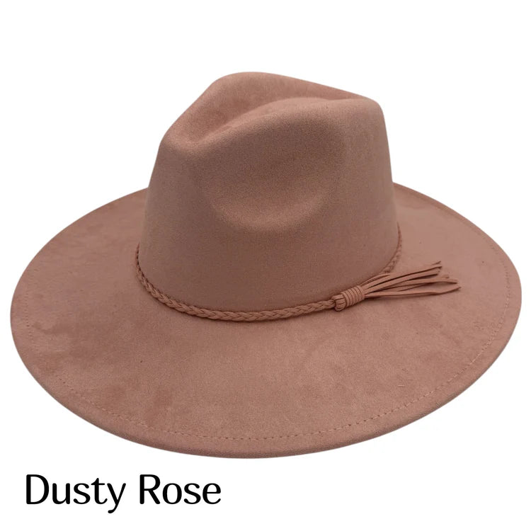 Dusty Rose suede fedora hat with braided band and tan tassel fringe