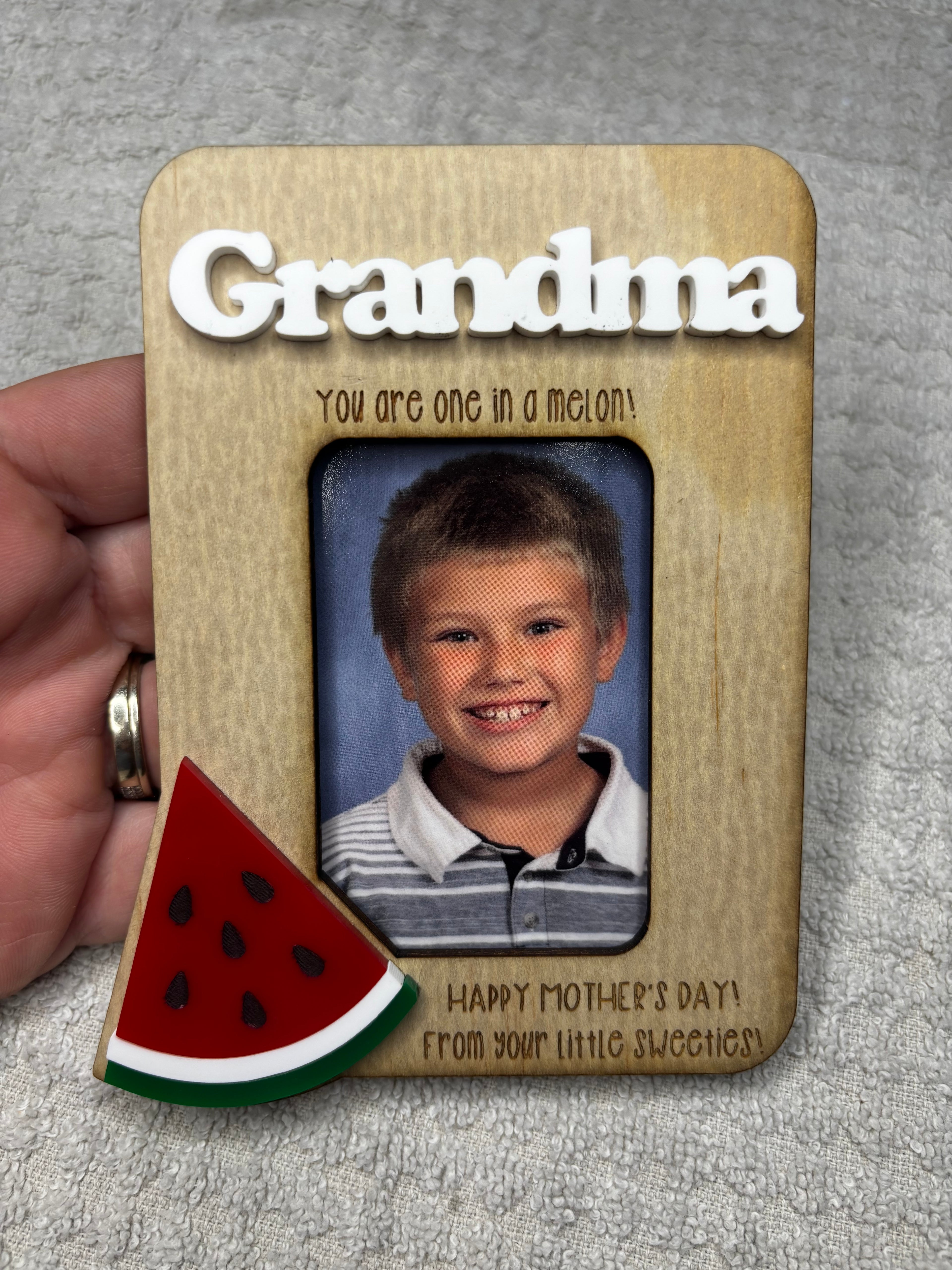 Mother’s Day refrigerator magnet with Grandma photo and watermelon slice decoration