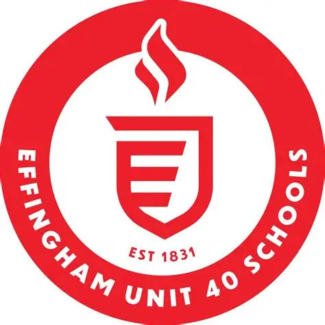 Logo of Effingham Unit 40 Schools with a red circle and flame design.