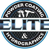 Logo for Powder Coating Elite & Hydrographics with text and graphics on a blue background