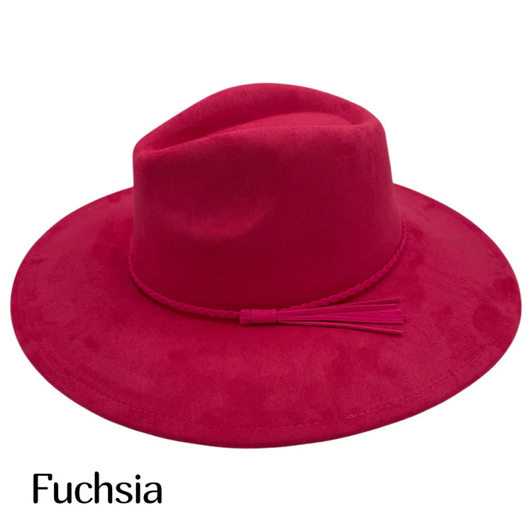 Fuchsia suede fedora hat with braided band and matching tassel fringe
