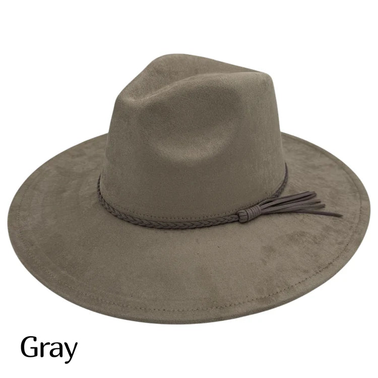 Suede fedora hat in gray with braided band and tassel detail