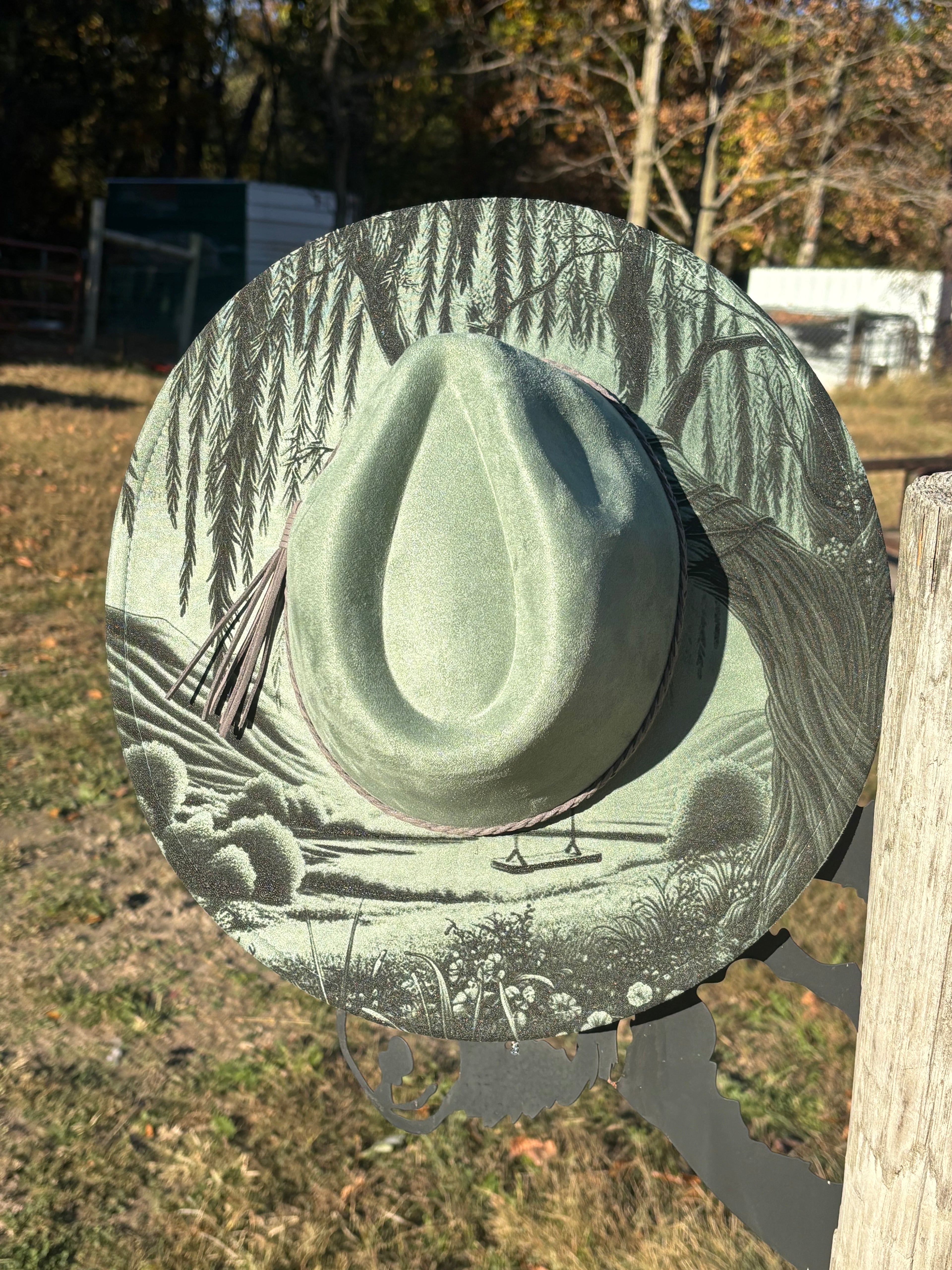 Engraved suede fedora hat in sage green with engraved botanical and mountain scene