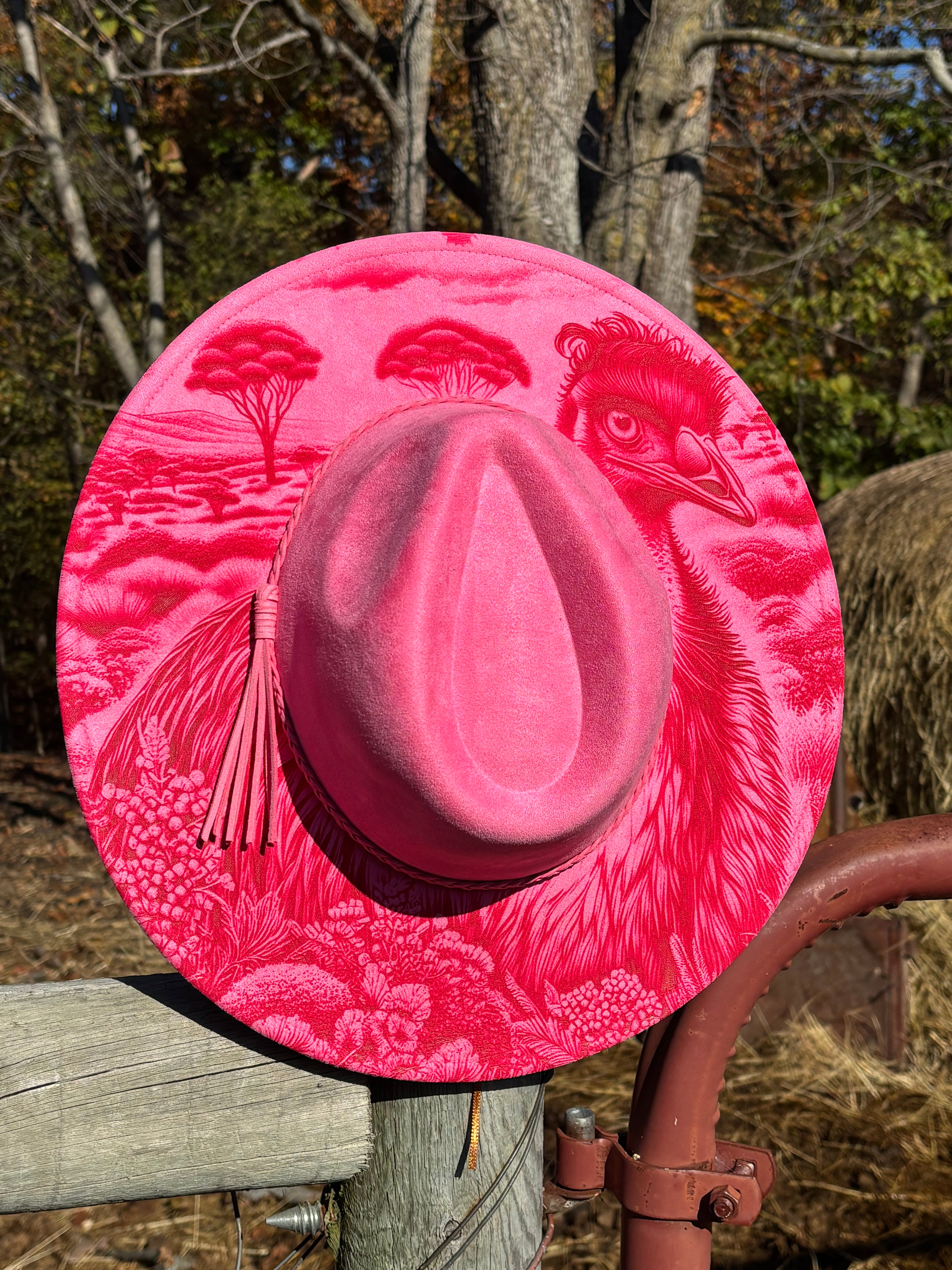 Engraved suede fedora hat in bright pink with engraved bird and tree artwork