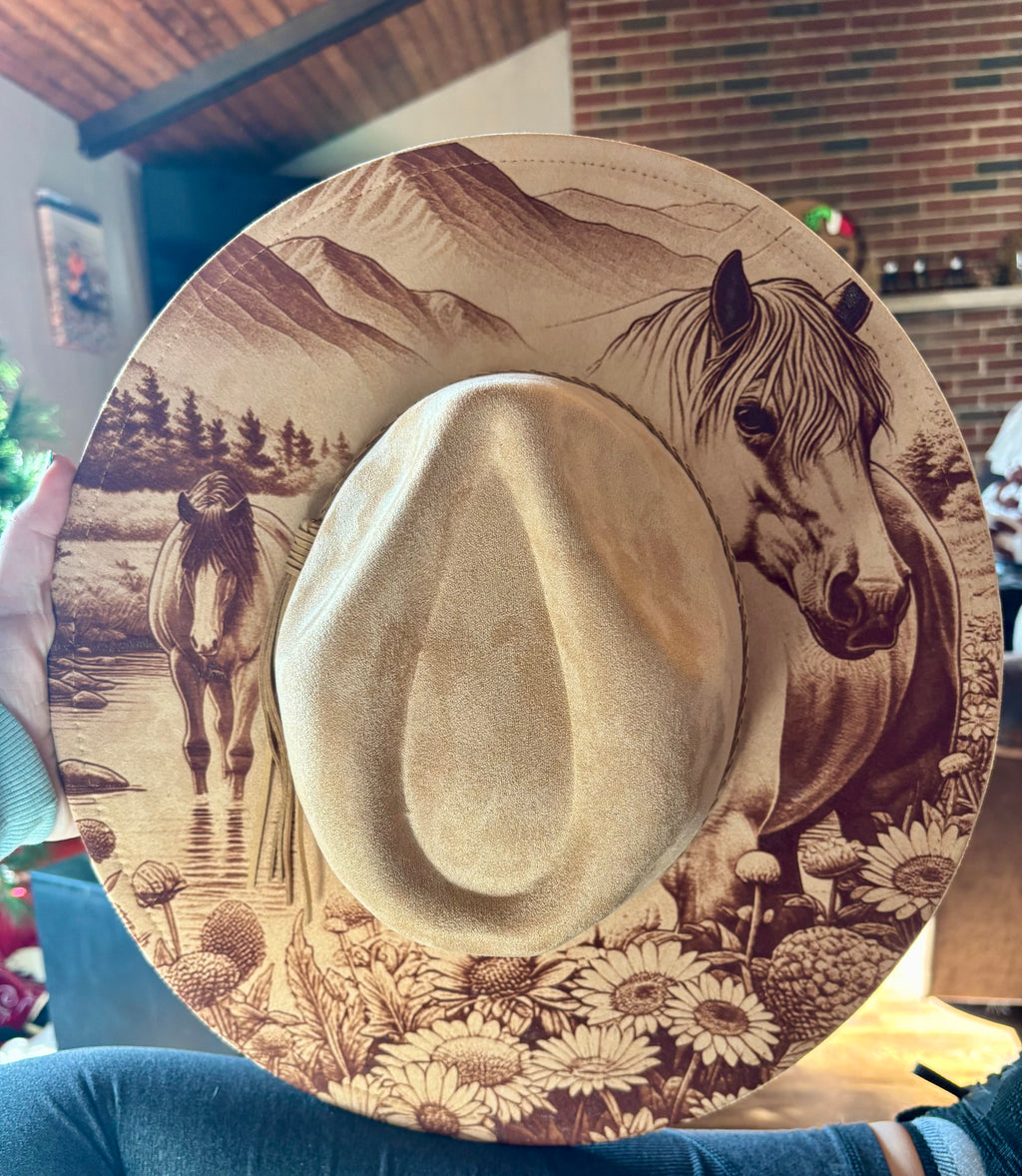Tan suede fedora hat with engraved horse and floral brim design