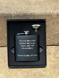 Personalized stainless steel flask in black gift box with funnel and quote panel