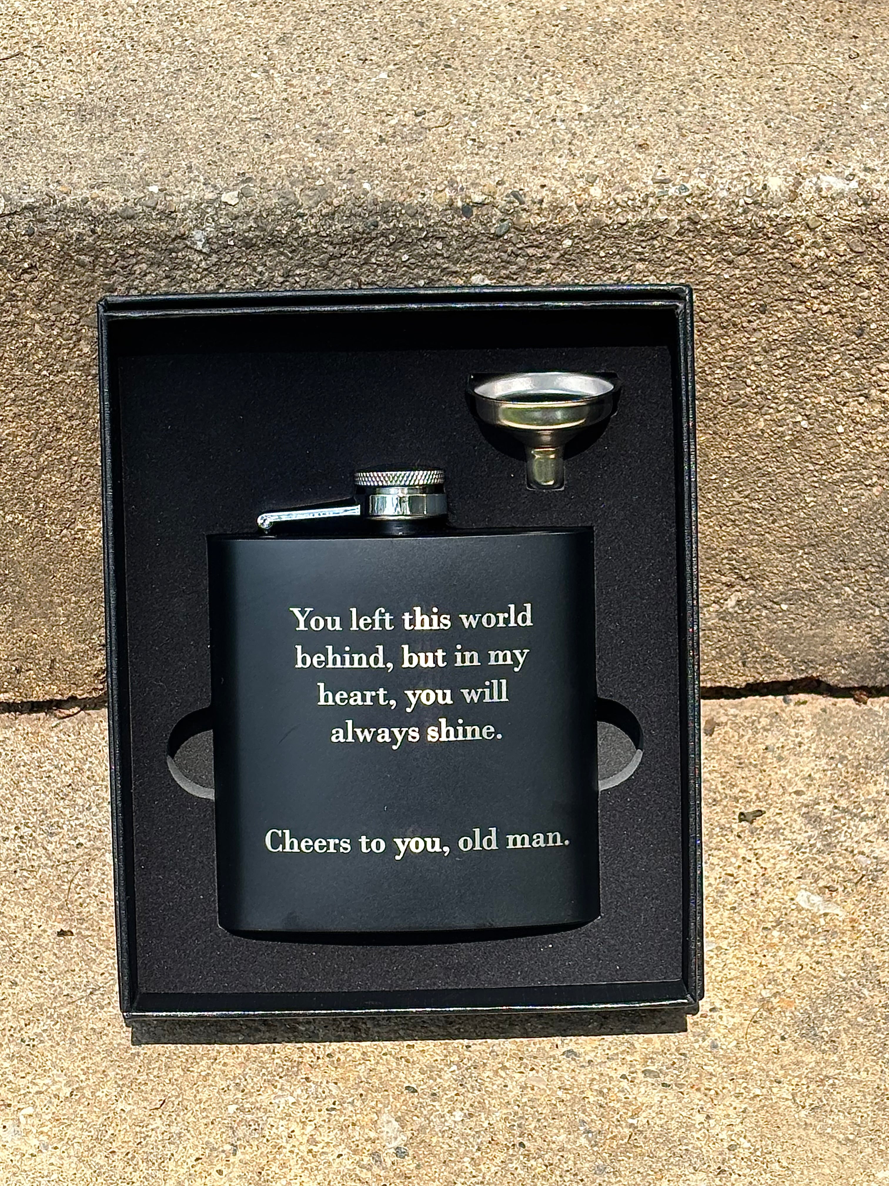 Personalized stainless steel flask in black gift box with funnel and quote panel