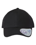 Black baseball cap with mesh side panels and curved brim, logo patch on front