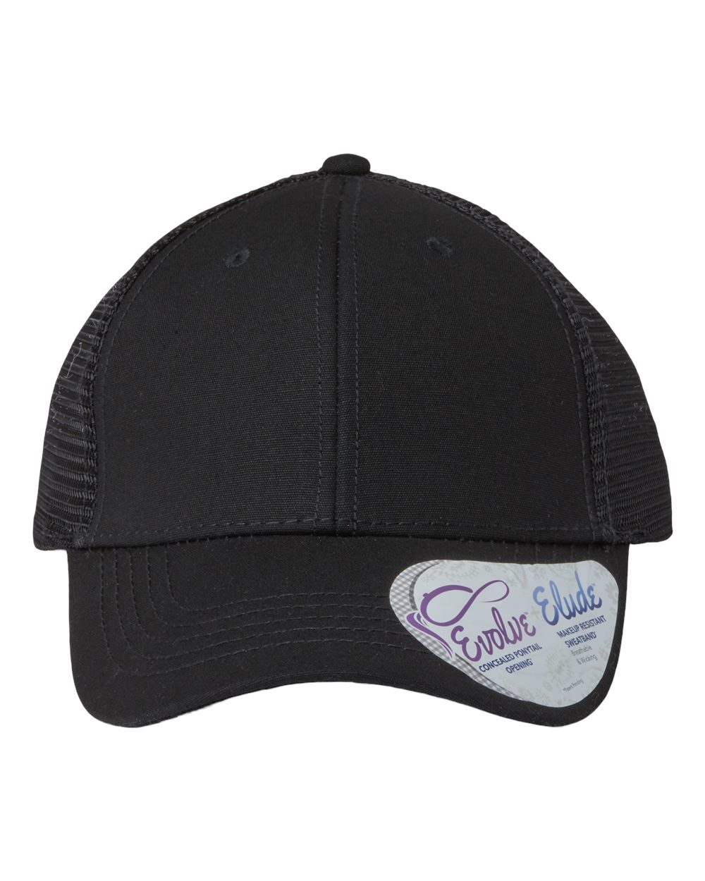Black baseball cap with mesh side panels and curved brim, logo patch on front
