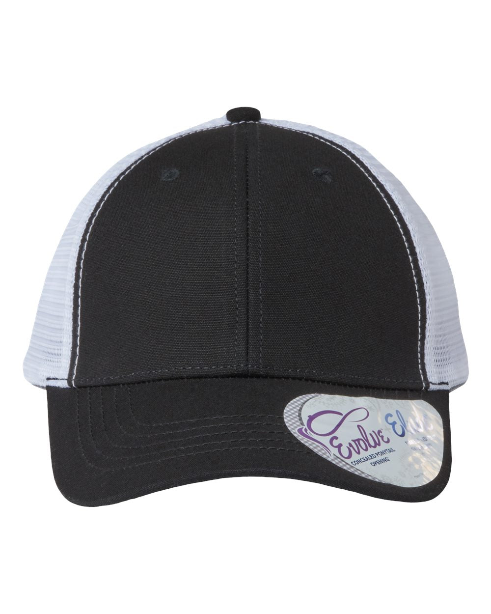 Two-tone black and white mesh baseball cap with curved brim, logo patch on front