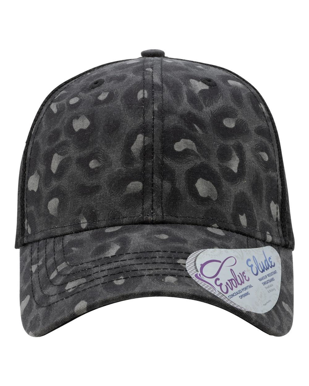 Black leopard print baseball cap with mesh side panels and curved brim, logo patch