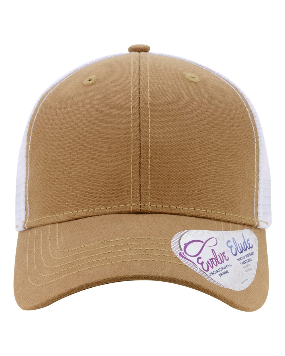 Tan baseball cap with white mesh side panels and curved brim, logo patch on front