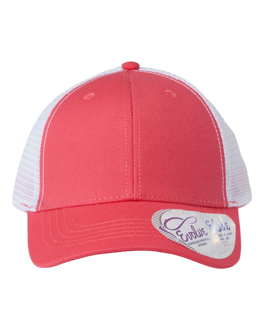 Coral baseball cap with white mesh back and curved brim, with oval logo patch