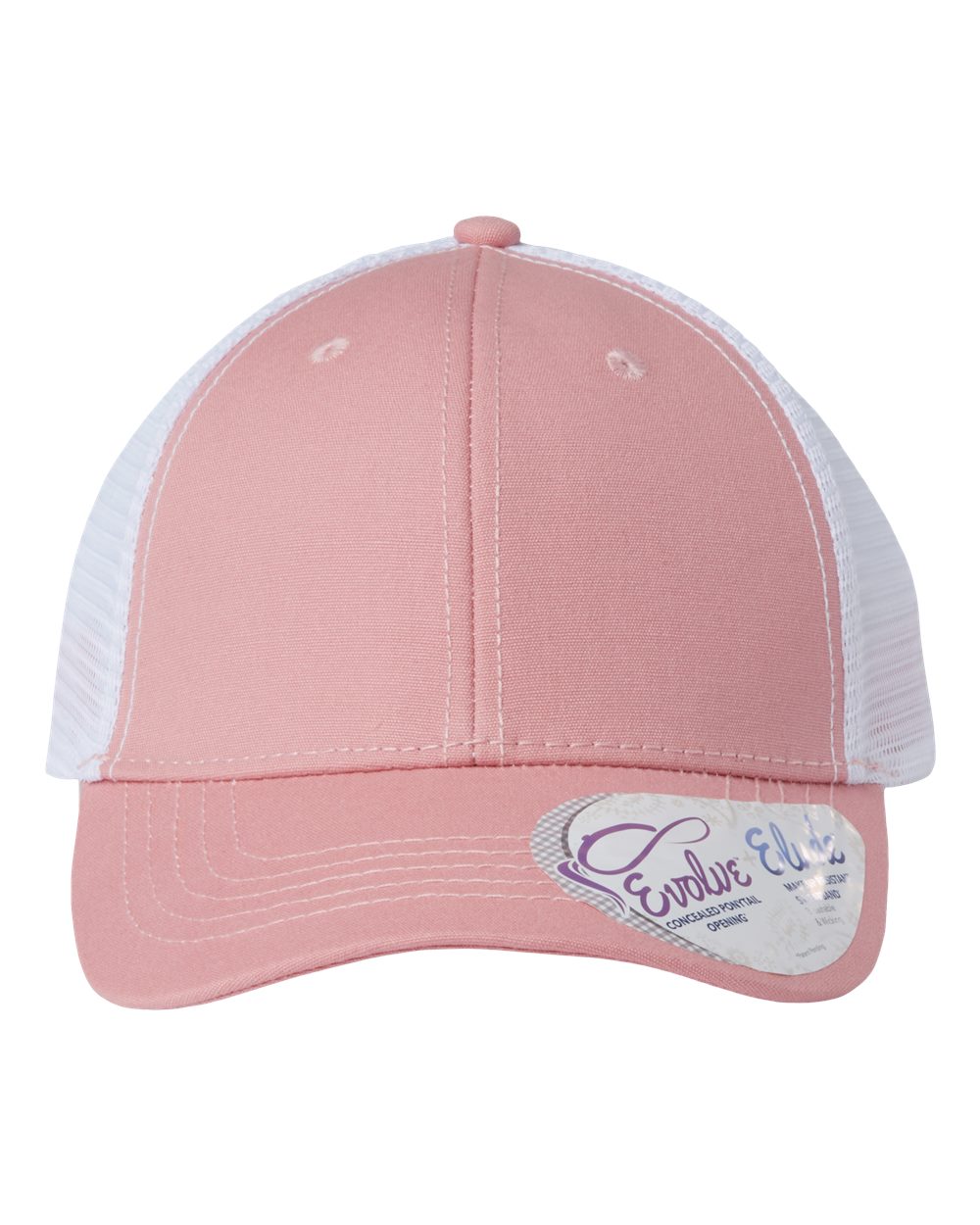 Dusty rose baseball cap with white mesh back and curved brim, with oval logo patch