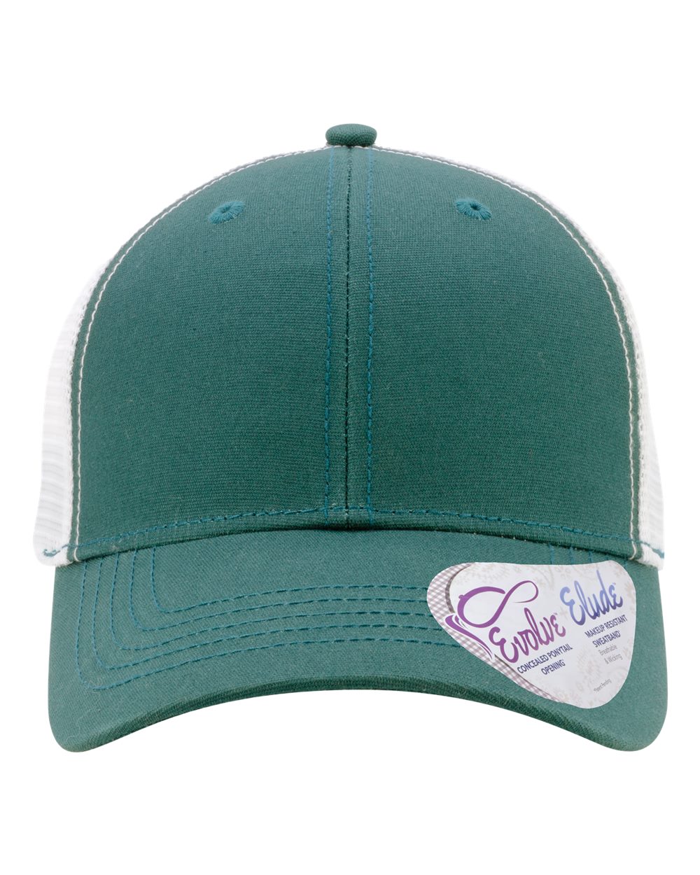 Green baseball cap with white mesh back and curved brim, with oval logo patch