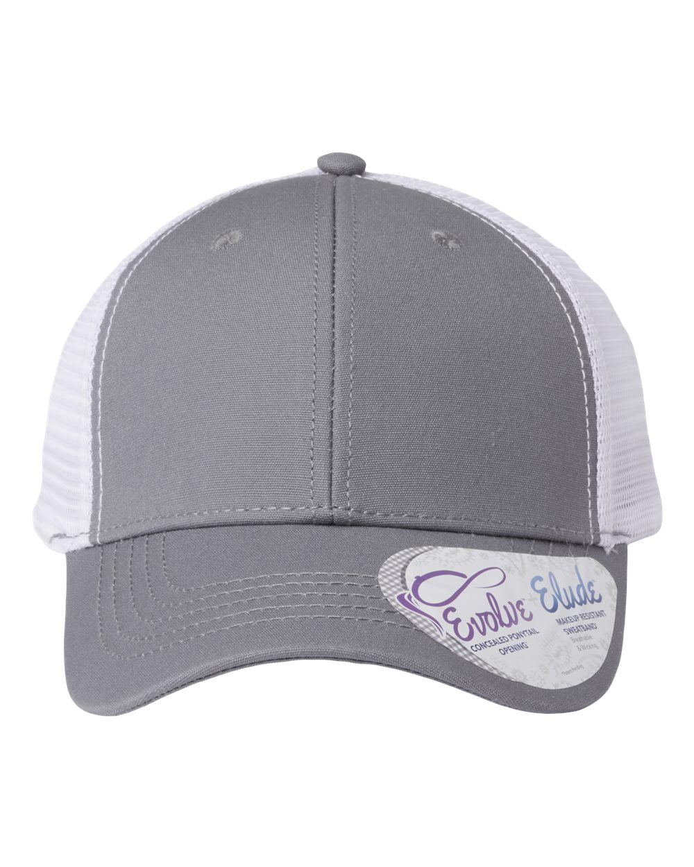 Heather gray baseball cap with white mesh back and curved brim, with oval logo patch