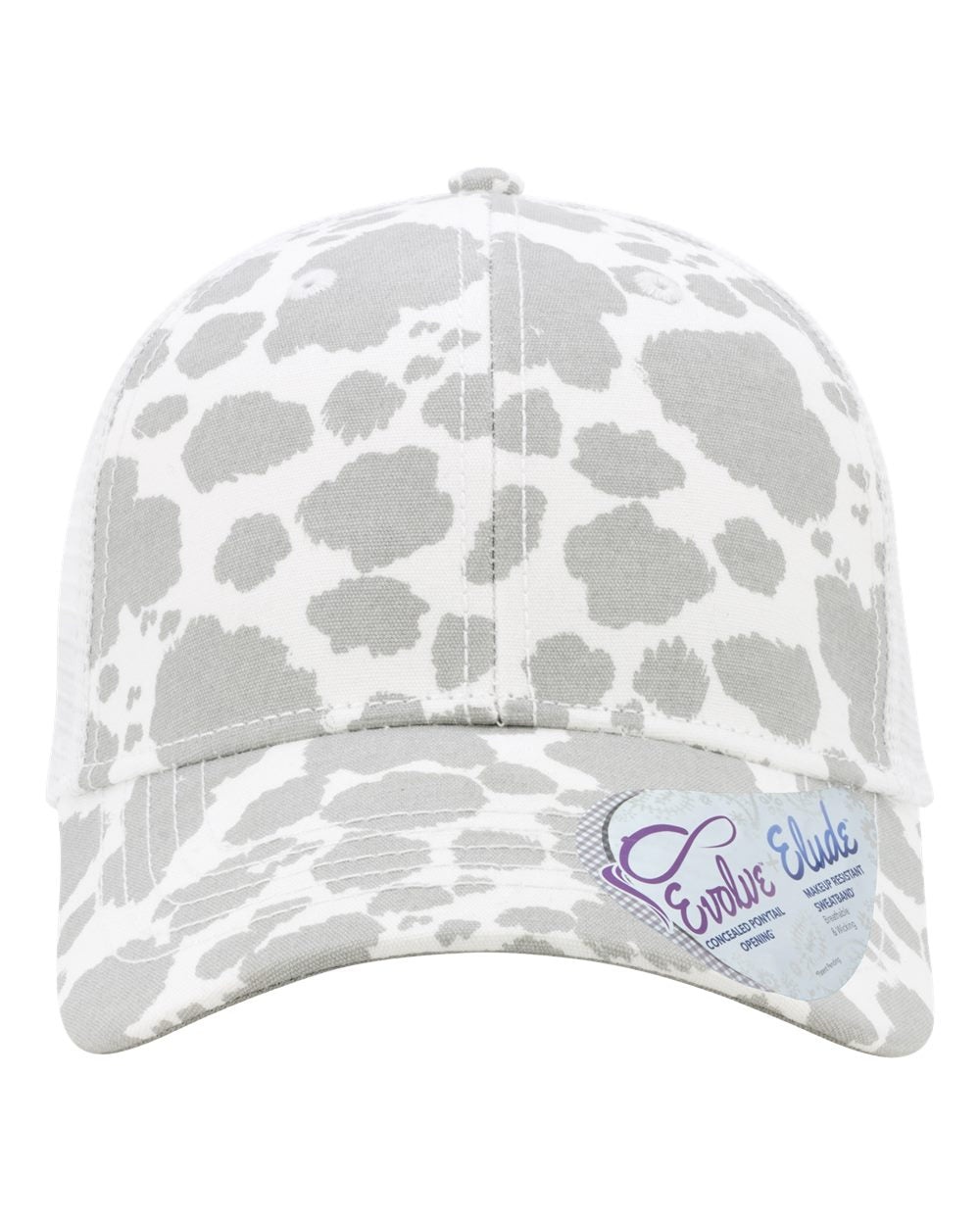 White leopard print baseball cap with white mesh back and curved brim, oval logo patch