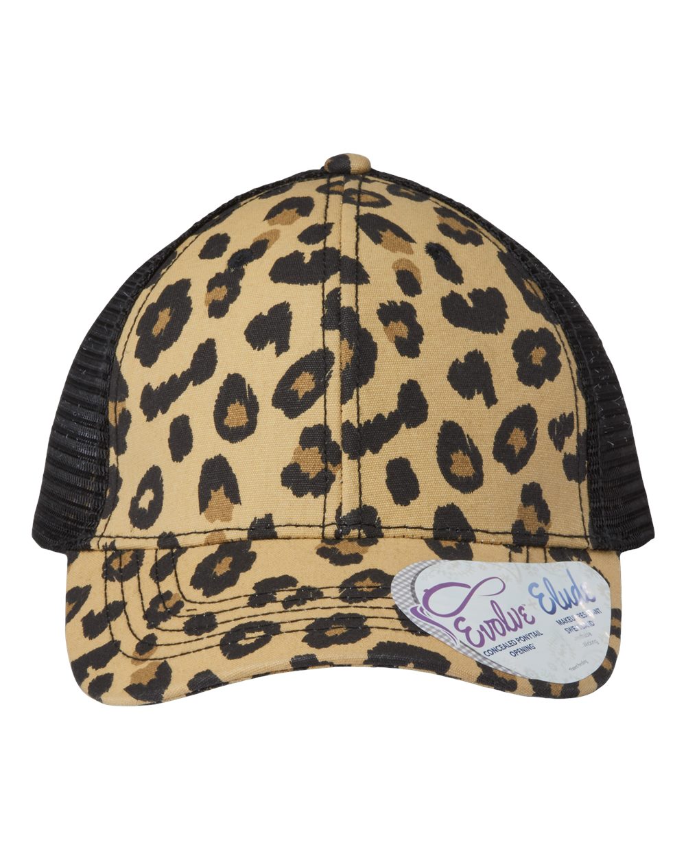 Tan leopard print baseball cap with black mesh back and curved brim, with oval logo patch