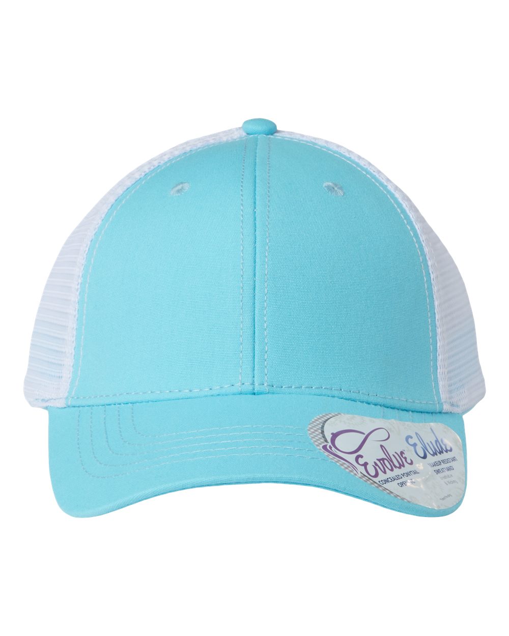 Light blue baseball cap with white mesh back and curved brim, with oval logo patch