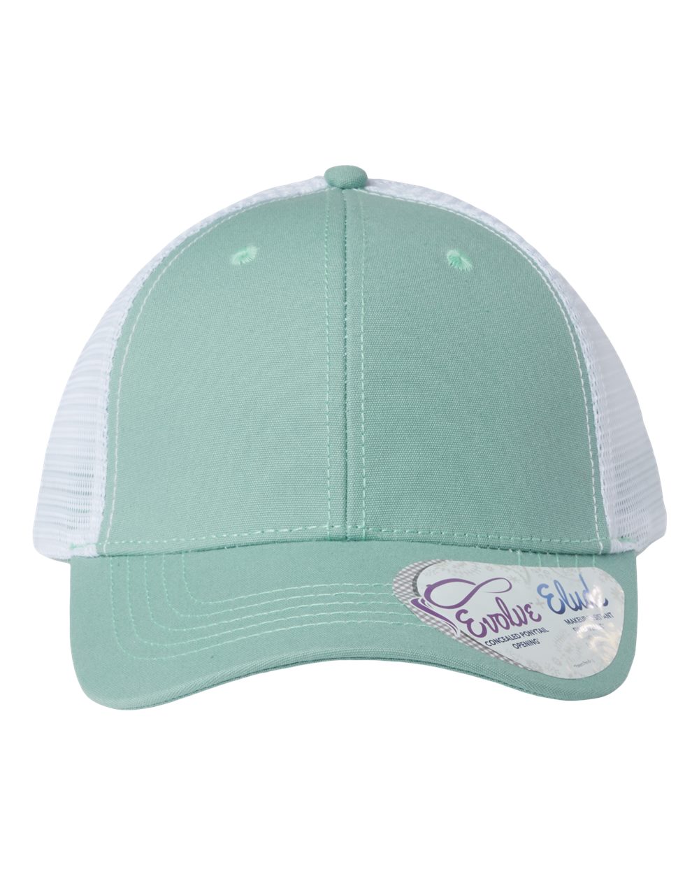 Seafoam green baseball cap with white mesh back and curved brim, with oval logo patch