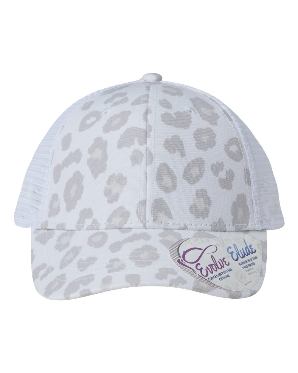 Leopard print baseball cap with light gray fabric and mesh back, curved brim