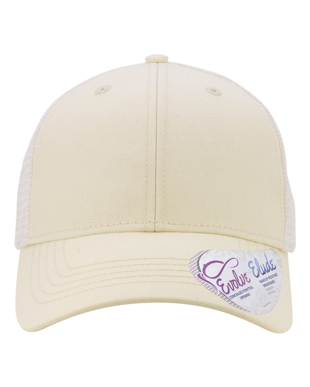 Beige baseball cap with mesh side panels and curved brim, logo patch on front