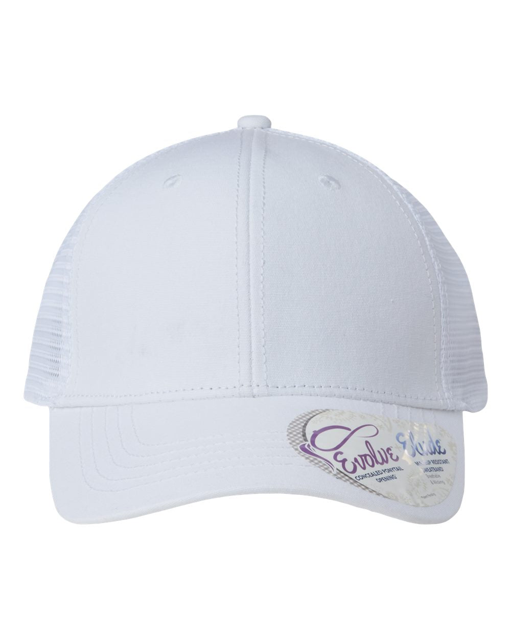 White baseball cap with mesh side panels and curved brim, logo patch on front