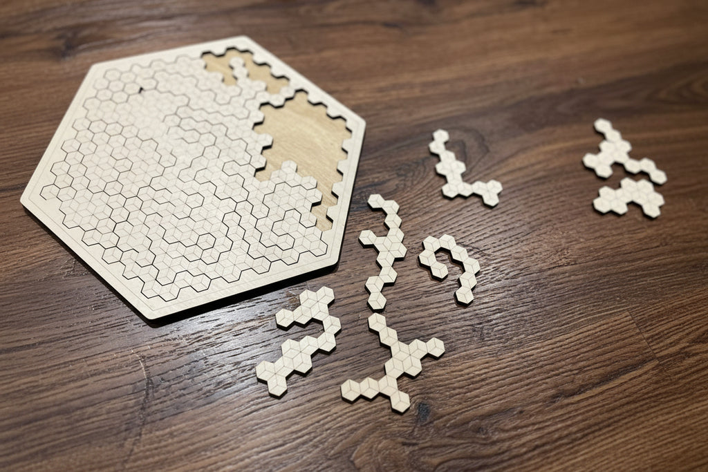 Light wooden hexagon jigsaw puzzle with interlocking pieces laid out