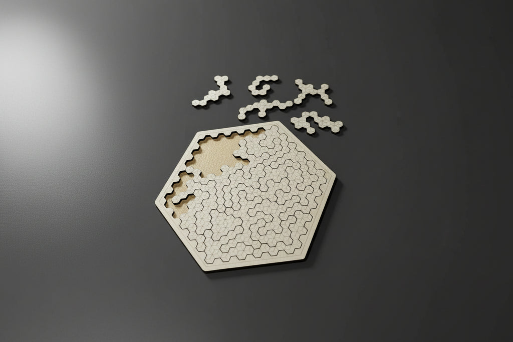 Hexagon jigsaw puzzle base with scattered connected pieces