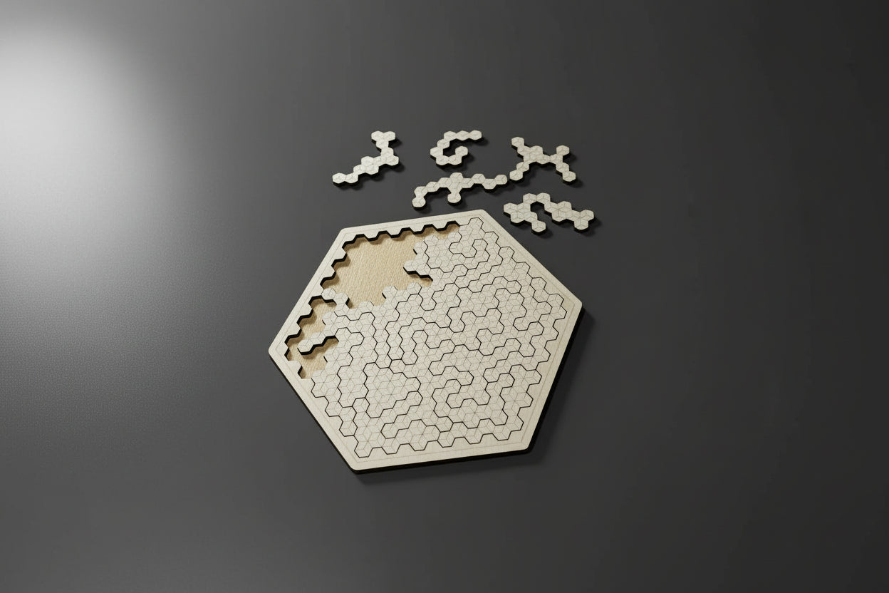 Hexagon jigsaw puzzle base with scattered connected pieces