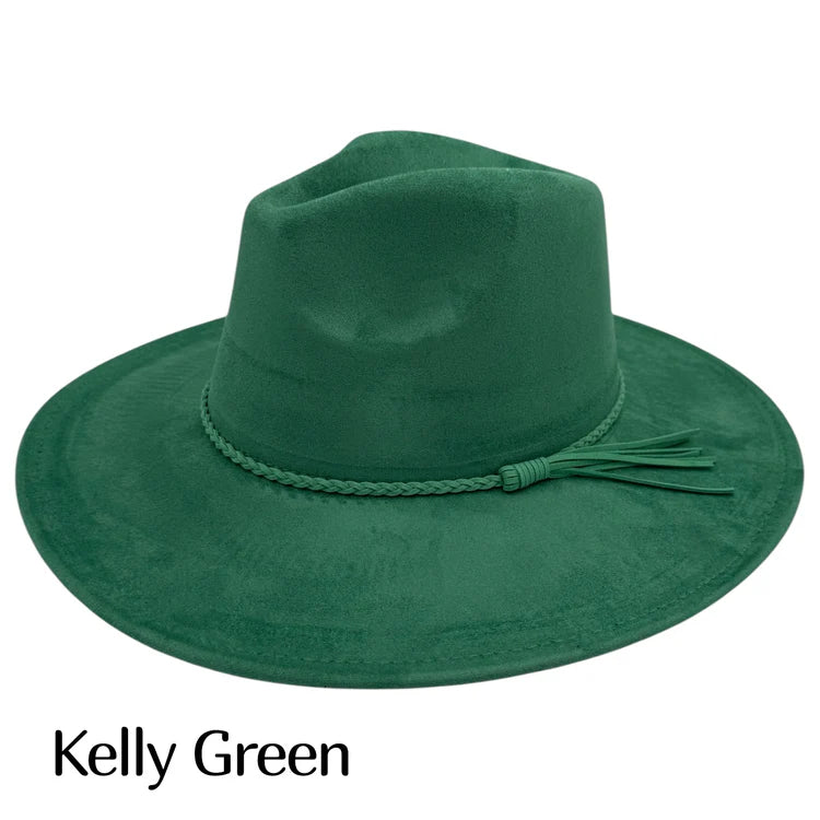 Suede fedora hat in kelly green with braided band and tassel detail