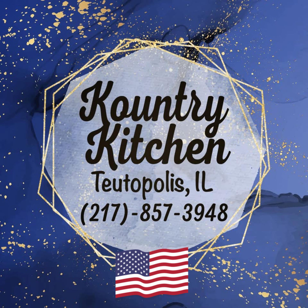 Kountry Kitchen logo with contact information on a blue background