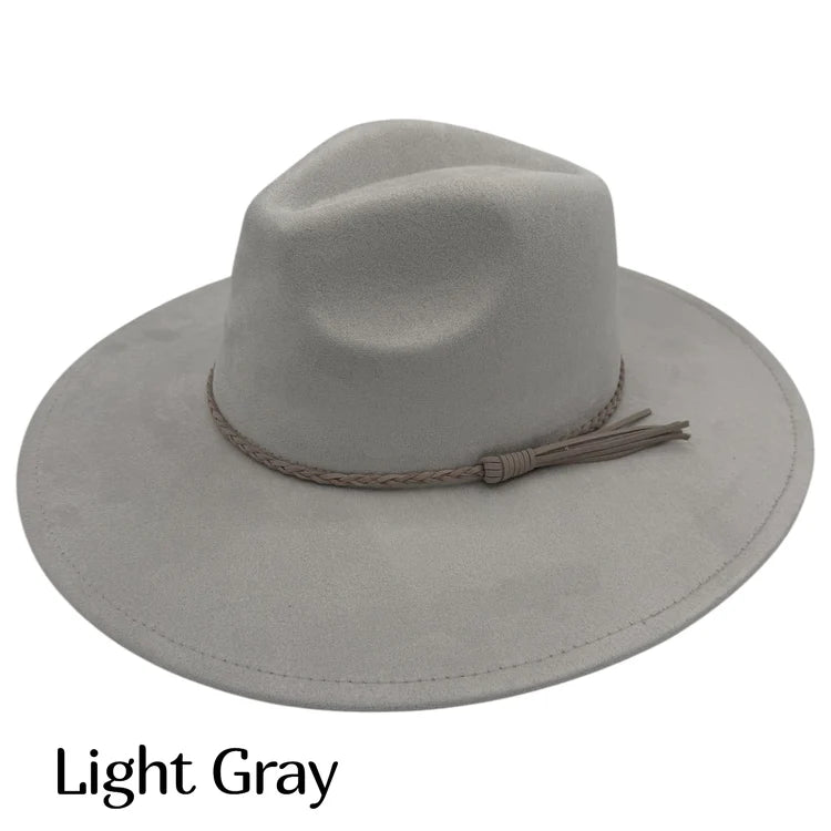 Suede fedora hat in light gray with braided band and tassel detail