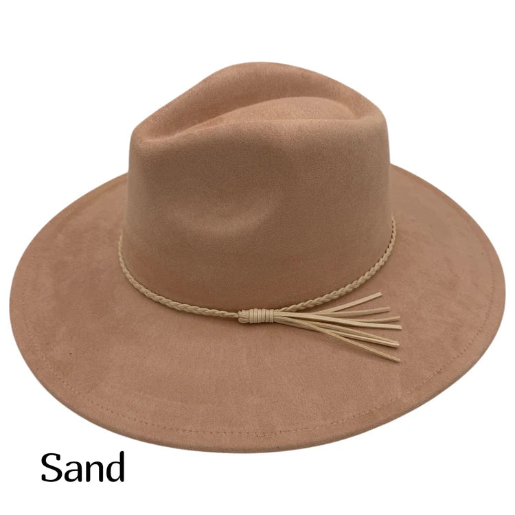 Suede fedora hat in sand with braided band and tassel detail