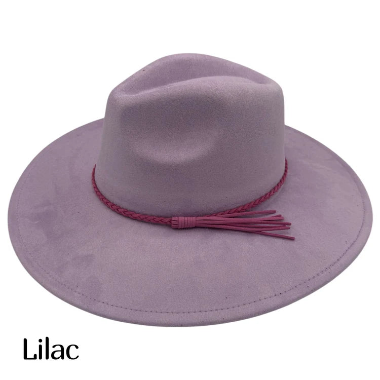 Lilac suede fedora hat with braided band and red tassel fringe