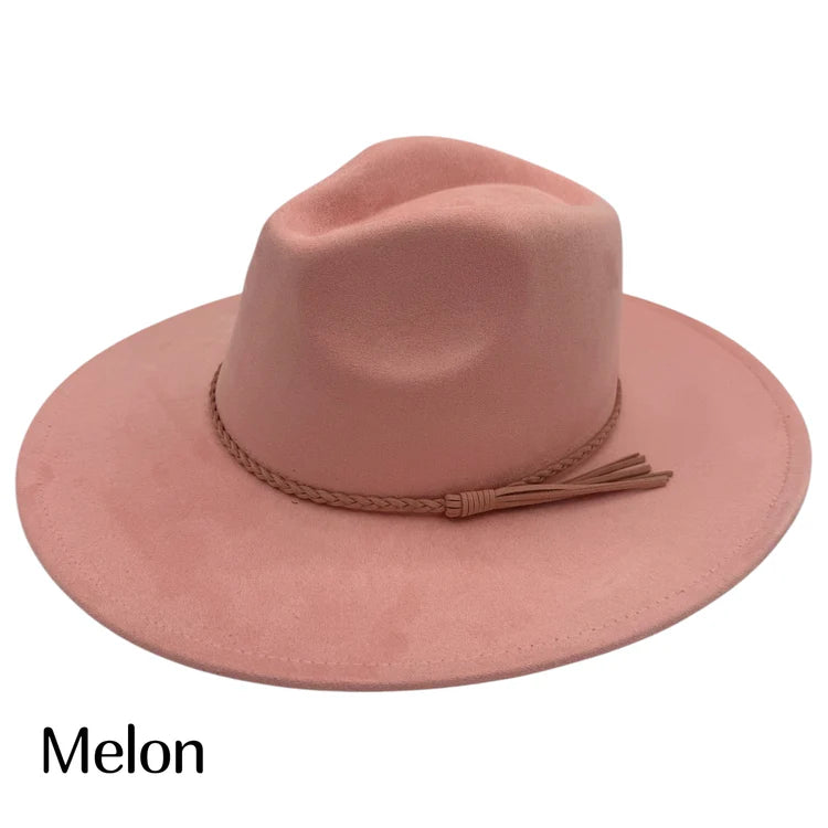 Suede fedora hat in melon with braided band and tassel detail