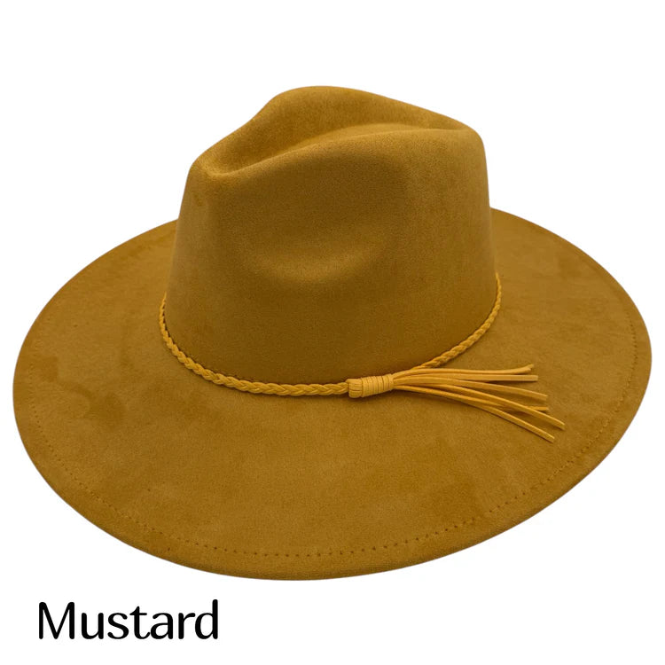 Suede fedora hat in mustard with braided band and tassel detail