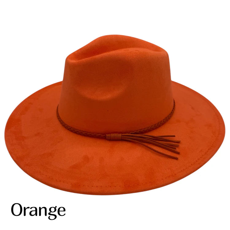 Suede fedora hat in orange with braided band and tassel detail